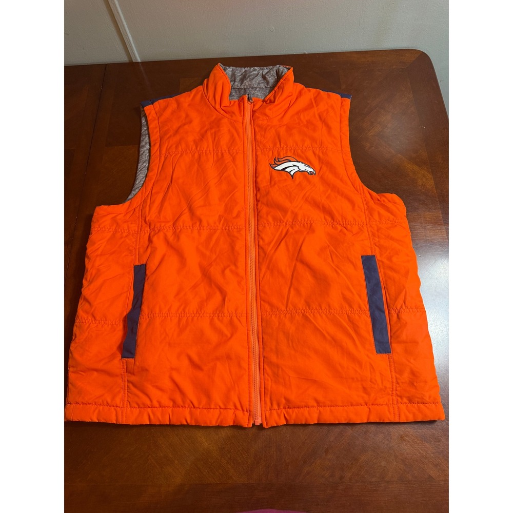 NFL Denver Broncos Reversible Puffer Vest Mens XL Orange Blue Grey Full Zip‎